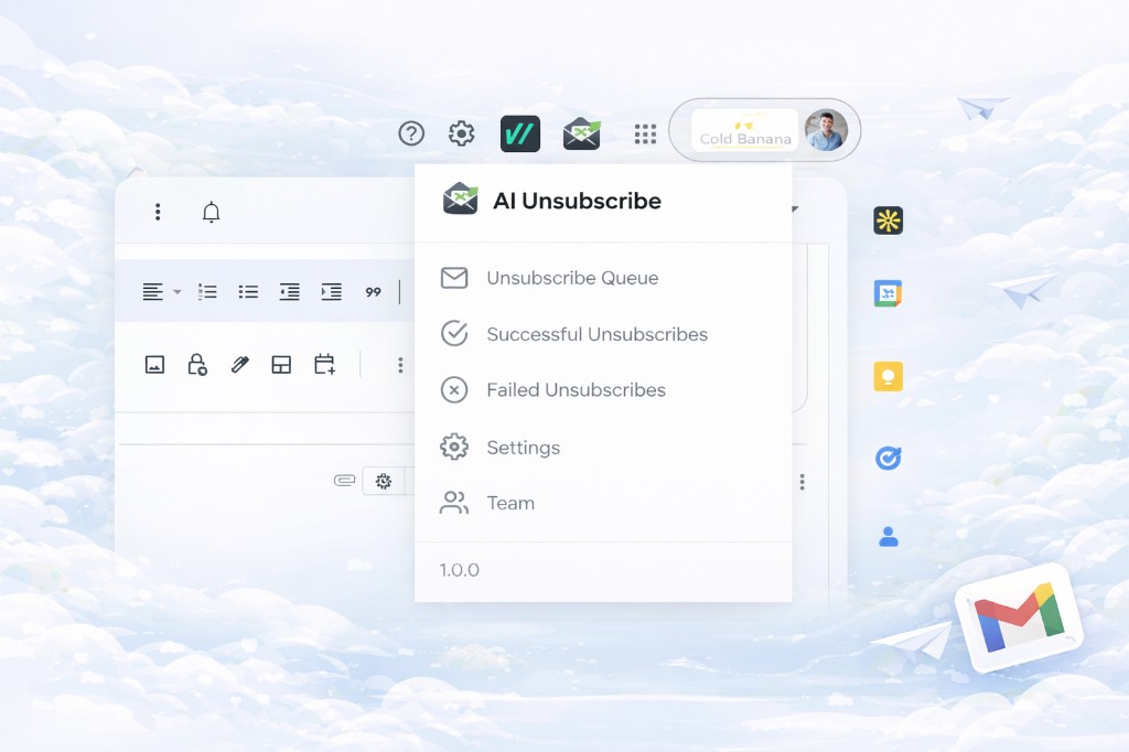 AI Unsubscribe extension dropdown in Gmail with Queue, Successful, Failed, Settings and Team