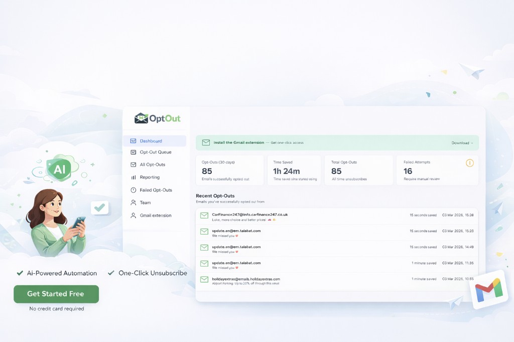 OptOut dashboard with one-click unsubscribes, time saved, and Gmail extension